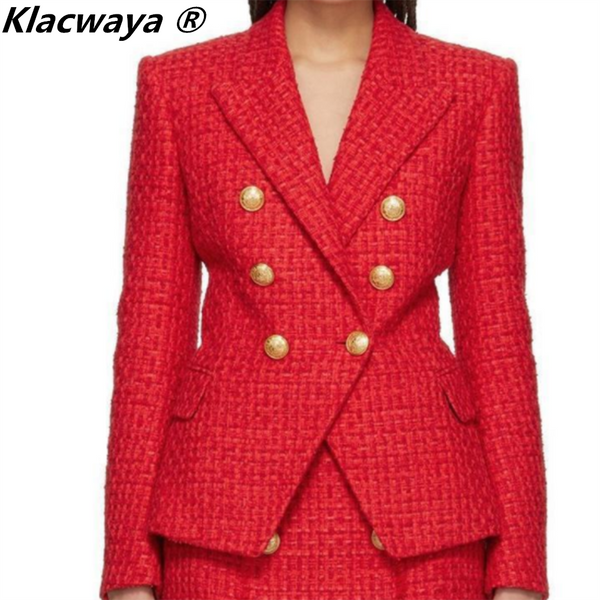 Klacwaya Tweed Suit 2 Piece Set Women Red Suits With Skirt Double Breasted Blazer Set Tweed High-Waisted Skirt Office Lady Sets