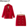 Klacwaya Tweed Suit 2 Piece Set Women Red Suits With Skirt Double Breasted Blazer Set Tweed High-Waisted Skirt Office Lady Sets