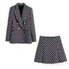 Klacwaya Tweed Suit Two Piece Set Women Double Breasted Blazer Office Lady Check Suits With Skirt Female High-Waisted Skirts