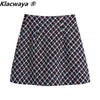 Klacwaya Tweed Suit Two Piece Set Women Double Breasted Blazer Office Lady Check Suits With Skirt Female High-Waisted Skirts