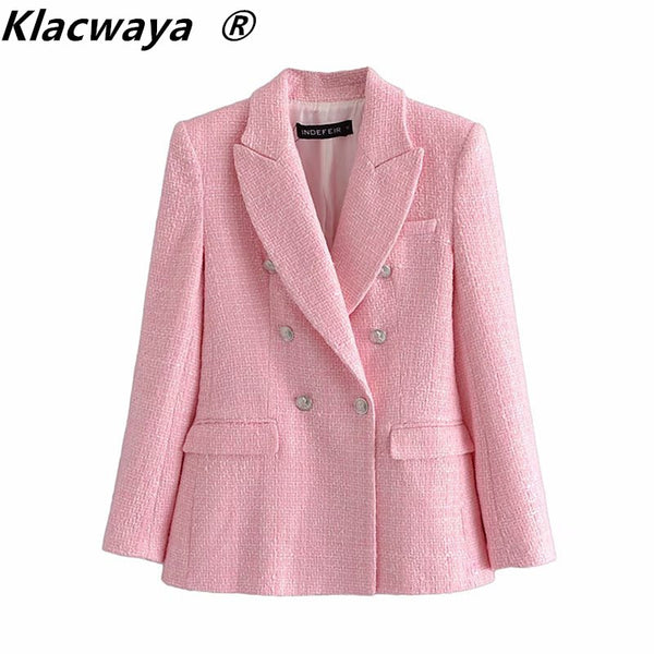 Klacwaya Za 2022 Blazer Women Pink Plaid Texture Casual Blazer Spring Autumn Office Double breasted Blazer Coat