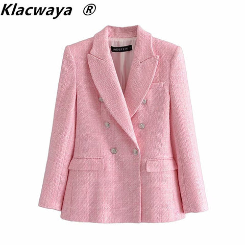 Klacwaya Za 2022 Blazer Women Pink Plaid Texture Casual Blazer Spring Autumn Office Double breasted Blazer Coat