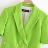 Klacwaya Za Women 2022 Green Cropped Blazer Jacket Double Breasted Short Sleeve Pocket Decoration Textured Cropped Blazerd