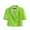 Klacwaya Za Women 2022 Green Cropped Blazer Jacket Double Breasted Short Sleeve Pocket Decoration Textured Cropped Blazerd