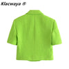 Klacwaya Za Women 2022 Green Cropped Blazer Jacket Double Breasted Short Sleeve Pocket Decoration Textured Cropped Blazerd