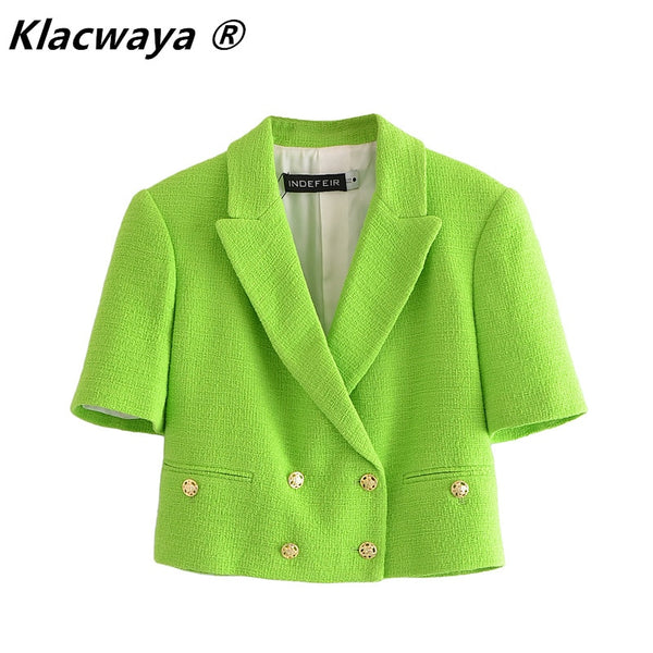 Klacwaya Za Women 2022 Green Cropped Blazer Jacket Double Breasted Short Sleeve Pocket Decoration Textured Cropped Blazerd
