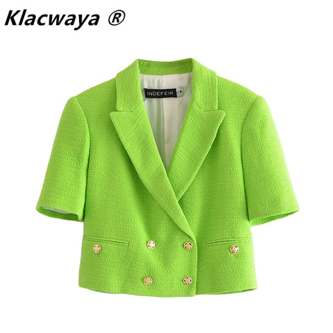 Klacwaya Za Women 2022 Green Cropped Blazer Jacket Double Breasted Short Sleeve Pocket Decoration Textured Cropped Blazerd