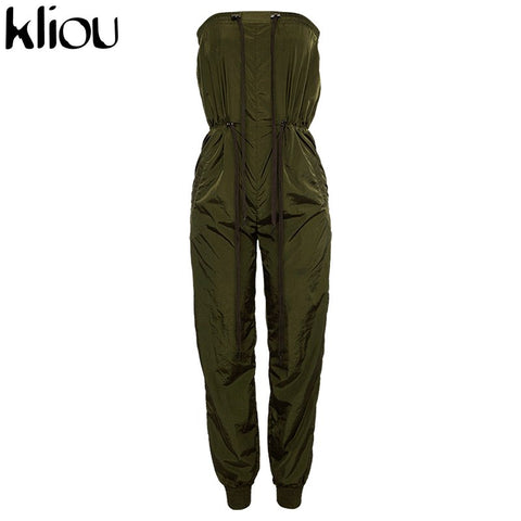 New Army Green Lace Up Jumpsuits Ladies Summer Bodysuit Sexy Low Cut Spaghetti Strap Off Shoulder Solid Jumpsuits