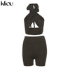 Kliou Casual Bandage Solid Two Piece Sets Women 2023 Backless Cropped Top And Biker Shorts Matching Set Skinny Slim Streetwear