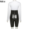 Kliou Casual Streetwear Two Piece Set Women 2023 Spring Solid Pullover T-Shirts+Faux PU Leather Biker Rompers Matching Outfits