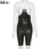 Kliou Casual Streetwear Two Piece Set Women 2023 Spring Solid Pullover T-Shirts+Faux PU Leather Biker Rompers Matching Outfits