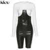 Kliou Casual Streetwear Two Piece Set Women 2023 Spring Solid Pullover T-Shirts+Faux PU Leather Biker Rompers Matching Outfits