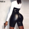 Kliou Casual Streetwear Two Piece Set Women 2023 Spring Solid Pullover T-Shirts+Faux PU Leather Biker Rompers Matching Outfits