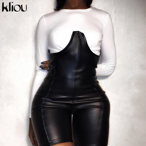 Kliou Casual Streetwear Two Piece Set Women 2023 Spring Solid Pullover T-Shirts+Faux PU Leather Biker Rompers Matching Outfits
