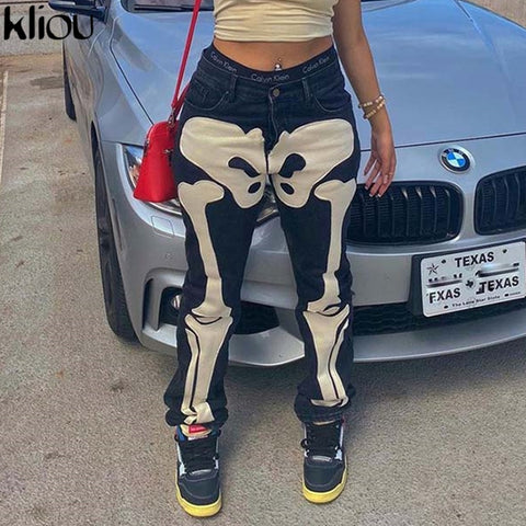 Kliou Cotton Jeans Women Aesthetic Bone Printing High Street Casual Biker Style High Waist Stretchy Skinny Female Trousers