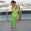 Kliou Grid Inclined Shoulder Maxi Dress Sexy See Through Women   Sleeveless Backless Strap Female Clubwear Apparel