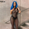 Kliou Grid Inclined Shoulder Maxi Dress Sexy See Through Women   Sleeveless Backless Strap Female Clubwear Apparel