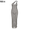 Kliou Grid Inclined Shoulder Maxi Dress Sexy See Through Women   Sleeveless Backless Strap Female Clubwear Apparel