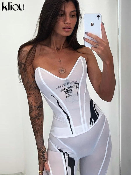Kliou Hipster Mesh Two Piece Set Women See Through Letter Print Sleevless Y2K Top+High Waist Elastic Sheath Slim Women Pants