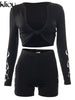 Kliou Punk Style Two Piece Set Women Autumn Hipster Sexy Cleavage Low V-Neck Top+Letter Print Slim Female Short Pants Outfit