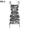 Kliou Print Bandage Mini Dress Hollow Out Sexy Cleavage Halter Slash Neck Sleeveless Bodycon Midnight Club Style Female Wear