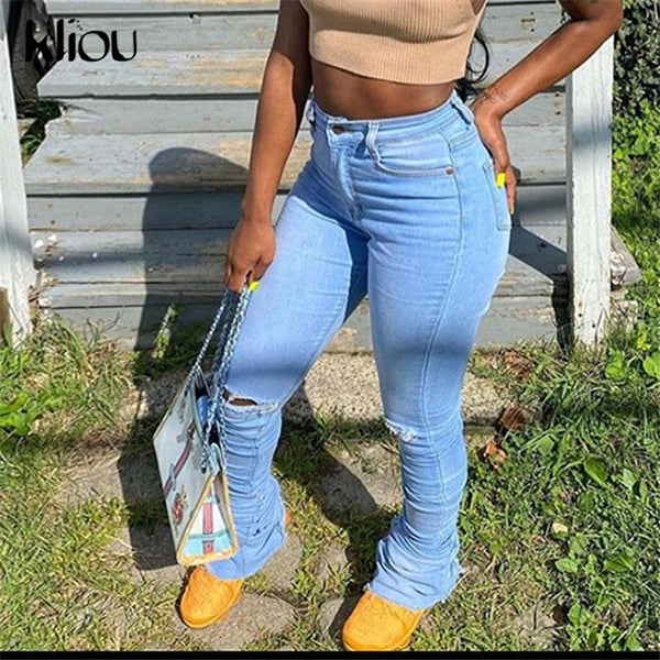 Kliou Ripped Aesthetic High Waist Solid Jeans Women Streetwear Jeans Skinny Pockets Female Trousers