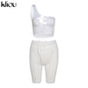 Kliou Sexy Drawstring Bandage Two Pieces Pant Set For Women Solid Irregular Shape Lace Up Clubwear Female Outfits