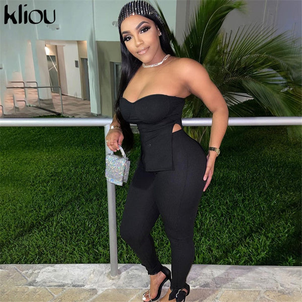 Kliou Solid Elastic Skinny Casual Women Two Piece Sets Sleeveless Slash Neck Shaped Waist Seamless Female Loungewear Clothes