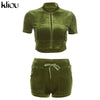 Kliou Solid Flocking Two Piece Set Women Early Autumn Sheath Zipper Short Sleeve Crop Tops+Bandage Drawstring Casual Pants
