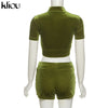Kliou Solid Flocking Two Piece Set Women Early Autumn Sheath Zipper Short Sleeve Crop Tops+Bandage Drawstring Casual Pants