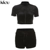 Kliou Solid Flocking Two Piece Set Women Early Autumn Sheath Zipper Short Sleeve Crop Tops+Bandage Drawstring Casual Pants