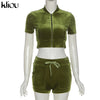 Kliou Solid Flocking Two Piece Set Women Early Autumn Sheath Zipper Short Sleeve Crop Tops+Bandage Drawstring Casual Pants