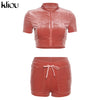 Kliou Solid Flocking Two Piece Set Women Early Autumn Sheath Zipper Short Sleeve Crop Tops+Bandage Drawstring Casual Pants
