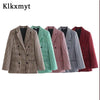 Klkxmyt Traf Blazer Women 2023 Autumn Houndstooth Double Breasted Blazers Coat Vintage Long Sleeve Street Female Jacket Tops