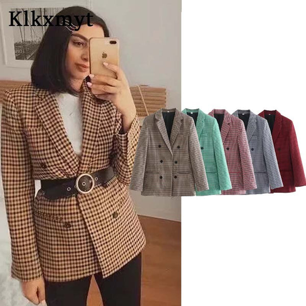 Klkxmyt Traf Blazer Women 2023 Autumn Houndstooth Double Breasted Blazers Coat Vintage Long Sleeve Street Female Jacket Tops