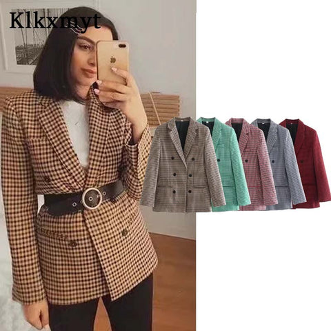 Klkxmyt Traf Blazer Women 2023 Autumn Houndstooth Double Breasted Blazers Coat Vintage Long Sleeve Street Female Jacket Tops