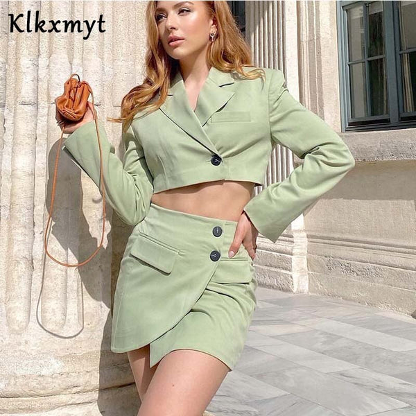 Klkxmyt Za 2 Piece Sets Women 2022 Office Suit Cropped Blazer Jacket+High Wasited Mini Skirts Set Casual Women Outfit