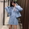Klkxmyt Za 2022 Blue Cropped Blazer Women Casual Textured Long Sleeve Pockets Spring Jacket Woman Office Wear Coat