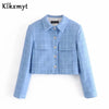 Klkxmyt Za 2022 Blue Cropped Blazer Women Casual Textured Long Sleeve Pockets Spring Jacket Woman Office Wear Coat