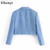 Klkxmyt Za 2022 Blue Cropped Blazer Women Casual Textured Long Sleeve Pockets Spring Jacket Woman Office Wear Coat