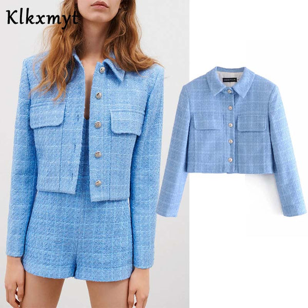 Klkxmyt Za 2022 Blue Cropped Blazer Women Casual Textured Long Sleeve Pockets Spring Jacket Woman Office Wear Coat