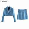 Klkxmyt Za 2022 Plaid Cropped Casual Blazer Jacket+ High Waist A-Line Mini Skirts Spring Autumn Women 2 Pieces Sets