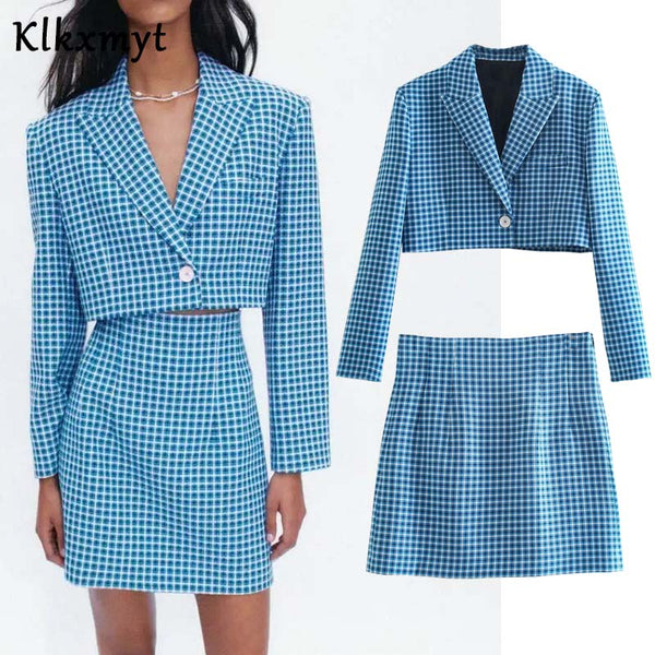 Klkxmyt Za 2022 Plaid Cropped Casual Blazer Jacket+ High Waist A-Line Mini Skirts Spring Autumn Women 2 Pieces Sets