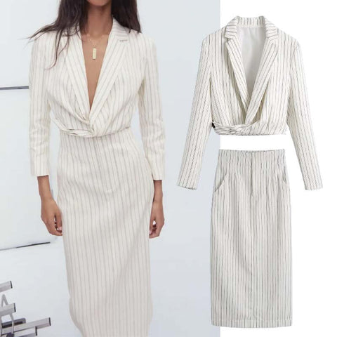 Klkxmyt Za 2022 Stripe Cropped Casual Blazer Suit Women Skirt Set High Waisted Hem Split Skirt Woman Blazer Two Piece Set