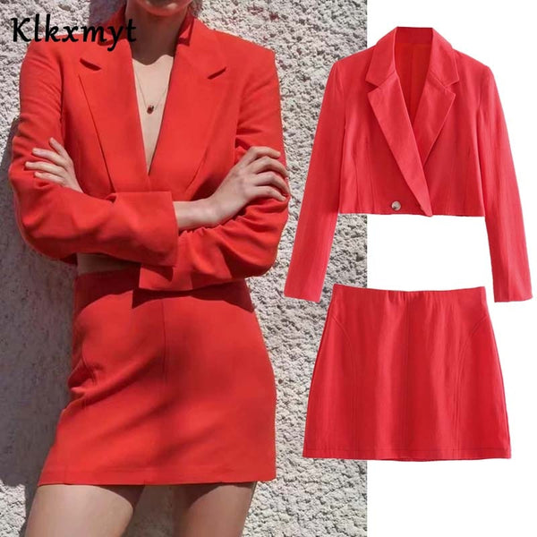 Klkxmyt Za 2022 Vintage Two Pieces Sets Women Linen Cropped Blazers Coat And High Wasit Mini Skirts Casual Women Sets