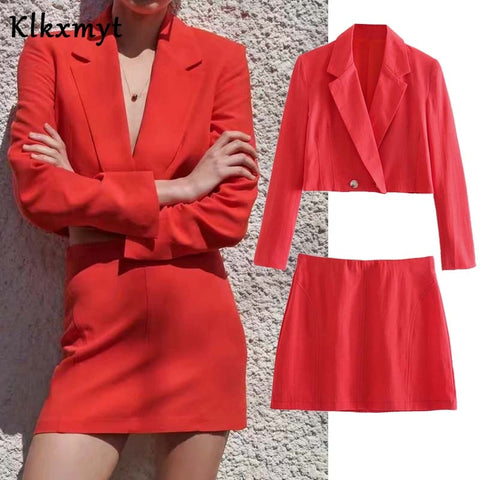 Klkxmyt Za 2022 Vintage Two Pieces Sets Women Linen Cropped Blazers Coat And High Wasit Mini Skirts Casual Women Sets