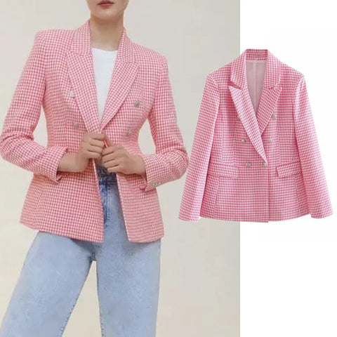 Klkxmyt Za Blazer Women 2022 Houndstooth Office Blazers Coat Vintage Long Sleeve Casual Female Outerwear Chic Tops
