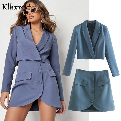 Klkxmyt Za Two Pieces Sets Women 2022 Casual Cropped Blazer Jacket+ Single-Breasted Skirts Spring Autumn Solid Office Wear Set