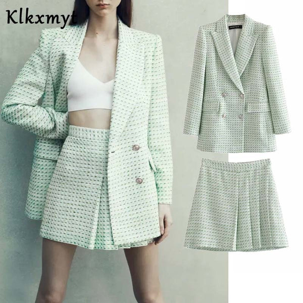 Klkxmyt Za Women Suit Office Plaid Texture Woolen Blazer Jacket+High-Waisted Mini Skirt Sets Spring 2 Piece Set Women
