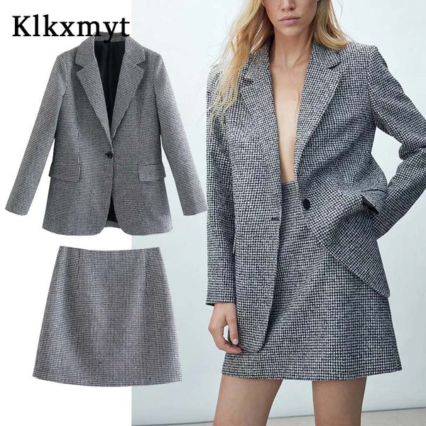 Klkxmyt Za Women Suits With Skirt Sets 2022 Houndstooth Office Single Button Blazer 2 Piece Set Mini Skirt Woman Suit